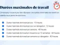 Durées maximales de travail : 10h/jour, 48h/semaine, 44h/12 semaines. Sur dérogation, 12h/jour et 60h/semaine. Le mi temps combien de temps ? Ces limites protègent les salariés.