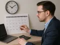 Un homme calcule le temps de travail : 35 heures par semaine, combien par mois ? Il est devant un calendrier, un ordinateur et une calculatrice.