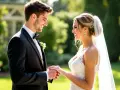Un jeune couple heureux, marié, se tenant la main. Le marié porte un costume noir, la mariée une robe blanche et un voile. Un beau jour de congé pour mariage.