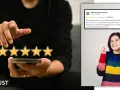 Un avis positif sur un restaurant, avec des étoiles brillantes et une cliente ravie.