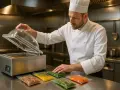 Un chef prépare des aliments pour les mettre sous vide. Des sachets colorés de nourriture sont alignés sur le comptoir.