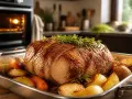 Un rôti doré et juteux, garni de romarin, cuit à la perfection. Autour, des pommes de terre et carottes rôties. Le four gaz est prêt pour le prochain plat.