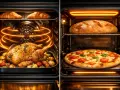 Un poulet rôti et des croissants cuisent dans un four, tandis qu'une pizza et du pain sont dans un autre. La chaleur statique d'un four assure une cuisson uniforme.