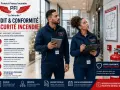 Deux experts vérifient la conformité des normes sécurité incendie dans un restaurant. Un plan d'évacuation est affiché.