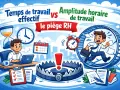Un employé court dans une roue, symbolisant l'amplitude horaire maximale. Un piège à loup et une horloge rappellent les dangers du travail excessif.