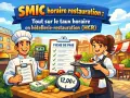 Un chef et une serveuse souriants présentent des calculs de salaire, de l'argent et une fiche de paie, illustrant le taux horaire en restauration.