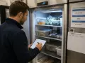 Un employé vérifie les températures dans un réfrigérateur de restaurant, essentiel pour la fermeture de la terrasse.
