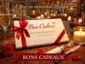 Un bon cadeau pour un restaurant, présenté avec une coupe de champagne, une rose rouge et une bougie allumée. Offrez un moment d'exception.