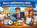 Un chef, un homme d'affaires et une serveuse gèrent des heures supplémentaires HCR. L'image illustre la gestion RH et les finances.