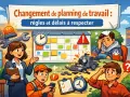 Une équipe discute du changement horaire de travail. Un calendrier, des outils et des employés pensifs illustrent les règles et délais à respecter.