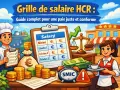 Un chef et une serveuse présentent une grille de salaire HCR, avec des pièces, des billets et une balance symbolisant une paie juste.