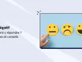 Un doigt pointe un smiley neutre à côté d'un triste et d'un joyeux. Le texte "Avis négatif" suggère comment gérer les retours clients.