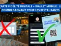 Une carte de fidélité numérique pour étudiants offre -20% au restaurant. Une ancienne carte physique est barrée.