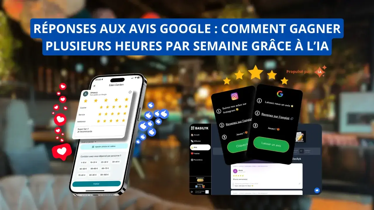 Des téléphones affichant des avis Google et des applications pour gérer les retours clients. L'IA peut aider à gagner du temps sur les réponses aux avis Google.