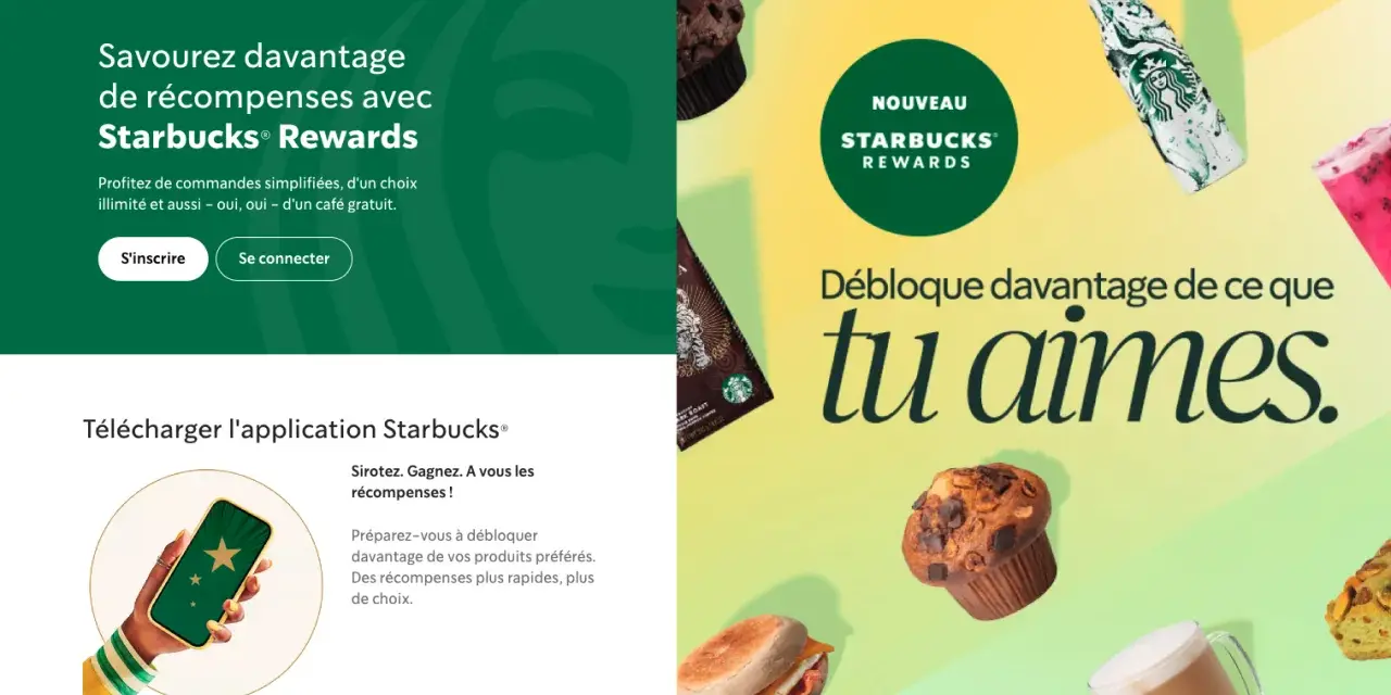Exemple de programme de fidélité Starbucks Rewards : savourez plus de récompenses, commandes simplifiées, café gratuit.