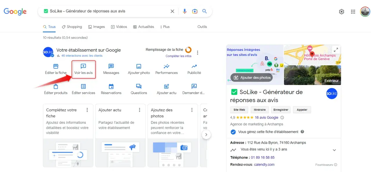 Interface Google pour gérer un établissement. Une flèche rouge pointe vers "Voir les avis", une option pour gérer les retours clients et potentiellement supprimer avis Google.