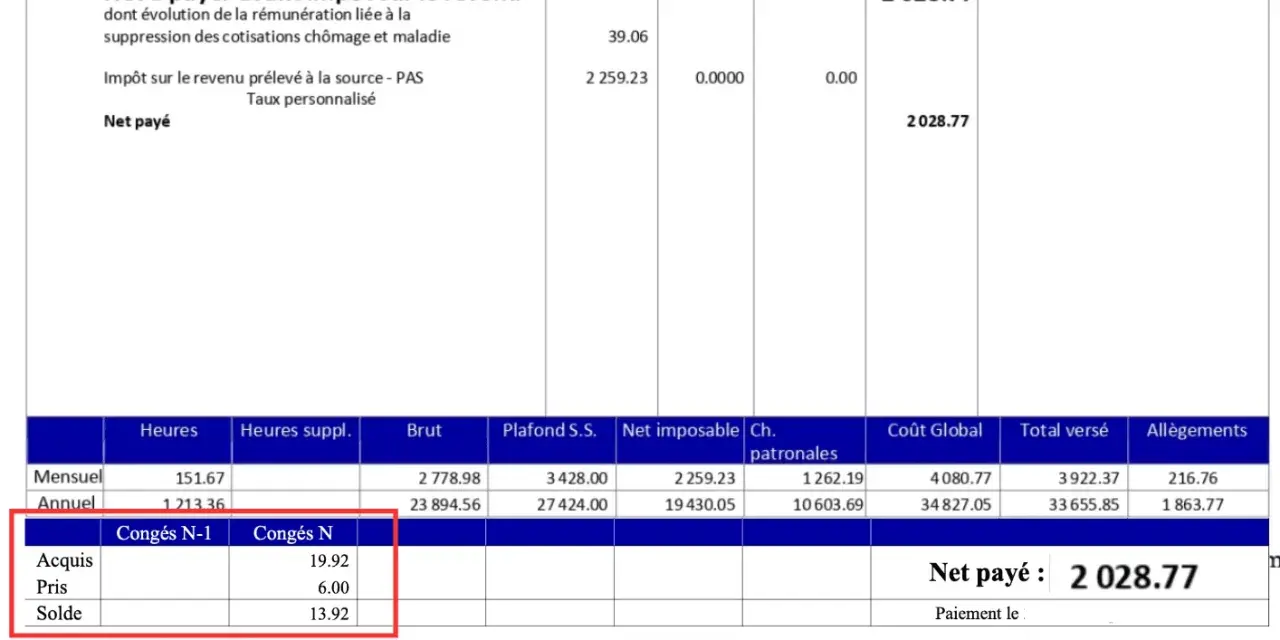 Extrait de bulletin de paie montrant le net à payer de 2028.77. Les colonnes indiquent le nombre d'heures, le brut, et le net imposable pour le mois et l'année. Le nombre d'heures travaillées par mois est de 151.67.