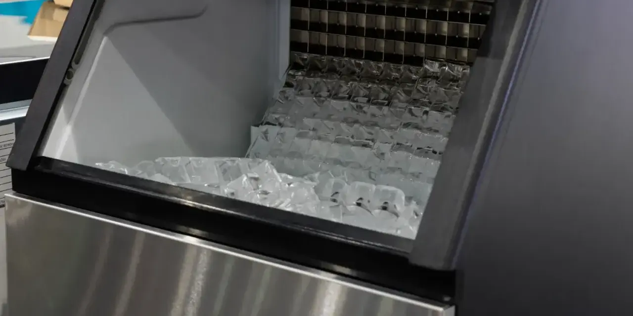 Machine à glaçons professionnelle remplie de glaçons. Un problème de production de glace est suspecté.