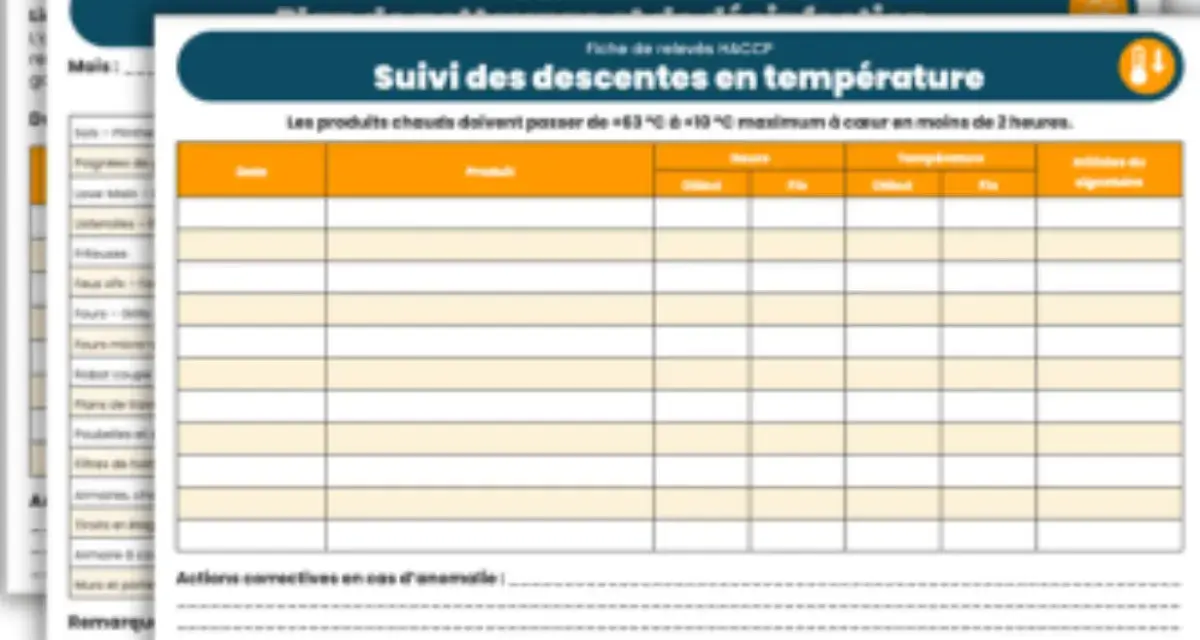 Fiche de suivi des descentes en température pour le protocole HACCP. Elle enregistre les données de refroidissement des produits.