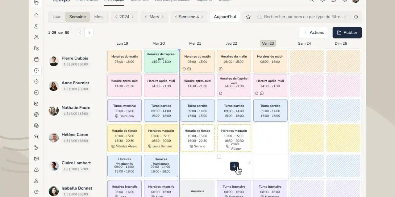 Tableau affichant un exemple d'horaire de travail hebdomadaire pour plusieurs employés, avec des créneaux matinaux, après-midi et intensifs.