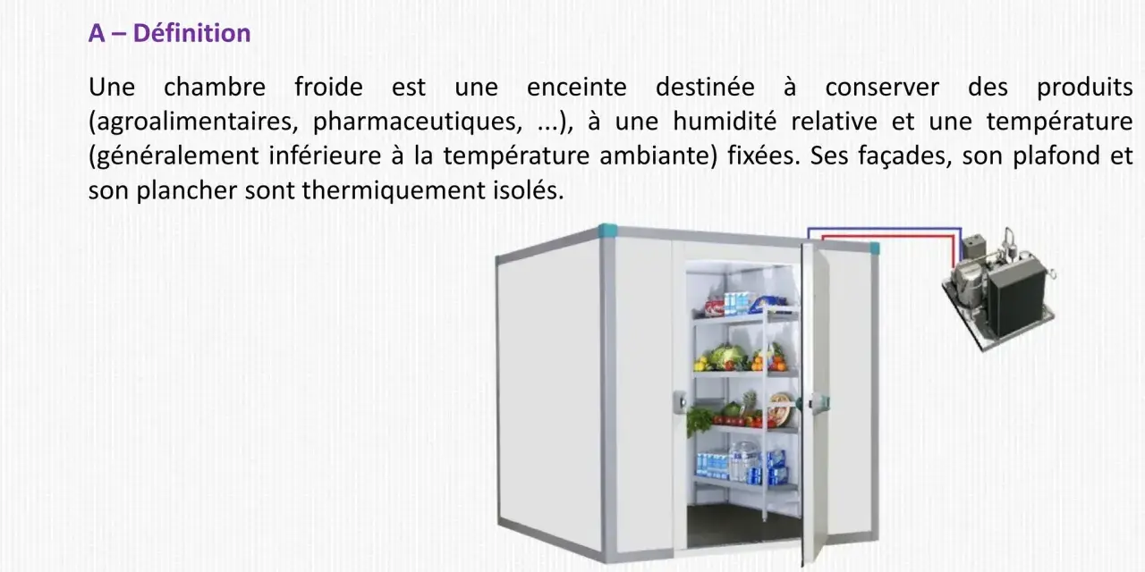 Une chambre froide est une enceinte isolée pour conserver des produits à température et humidité contrôlées. Elle est essentielle pour la conservation des aliments.