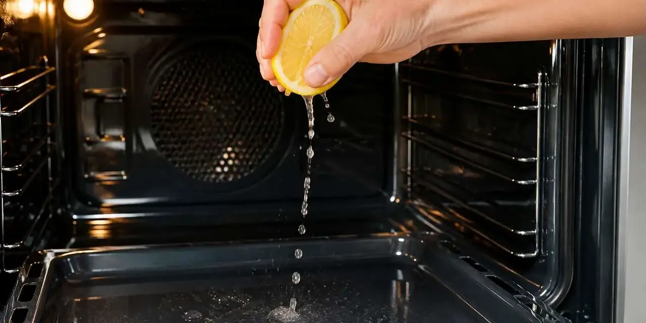 Une main presse un citron pour degraisser un four tres sale. Le jus coule sur la plaque.