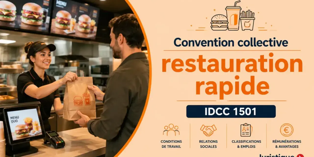 Employée souriante remettant un sac de restauration rapide à un client. La convention collective IDCC 1501 régit ce secteur.