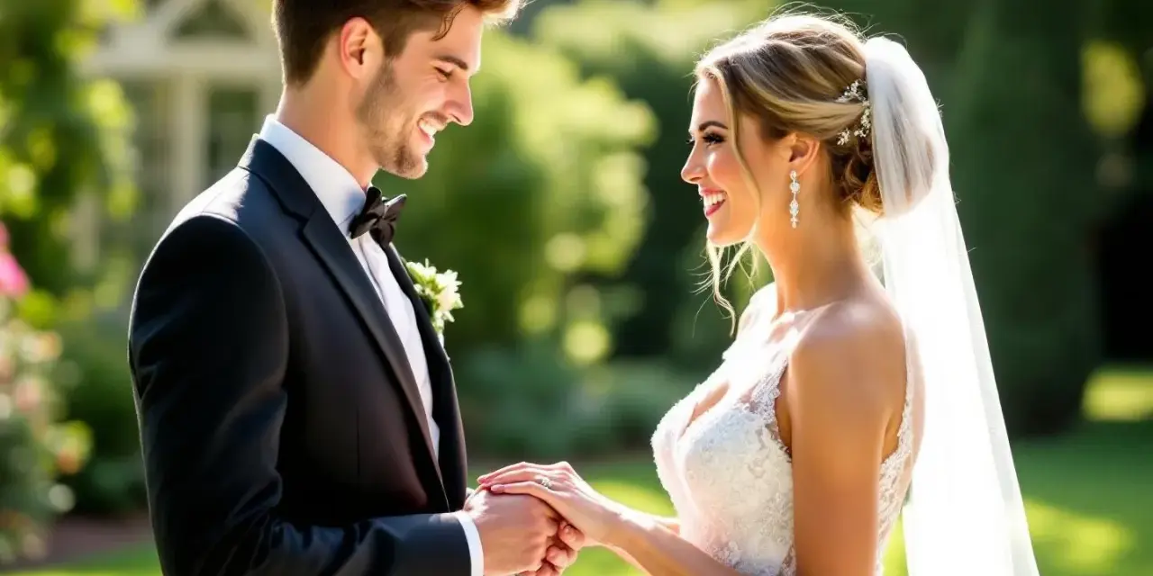 Un jeune couple heureux, marié, se tenant la main. Le marié porte un costume noir, la mariée une robe blanche et un voile. Un beau jour de congé pour mariage.