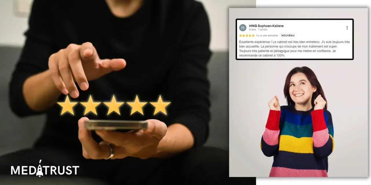 Un avis positif sur un restaurant, avec des étoiles brillantes et une cliente ravie.