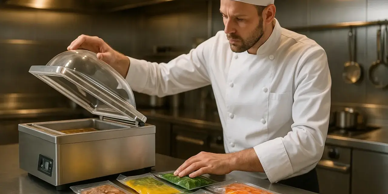 Un chef prépare des aliments pour les mettre sous vide. Des sachets colorés de nourriture sont alignés sur le comptoir.