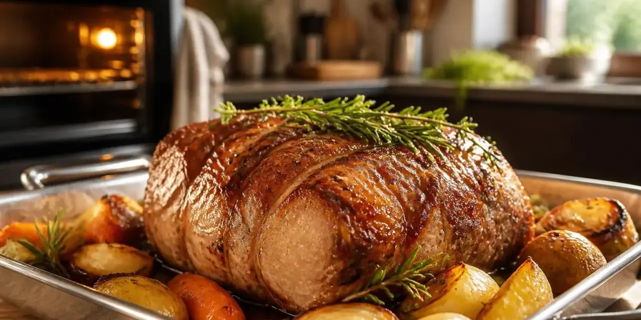 Un rôti doré et juteux, garni de romarin, cuit à la perfection. Autour, des pommes de terre et carottes rôties. Le four gaz est prêt pour le prochain plat.