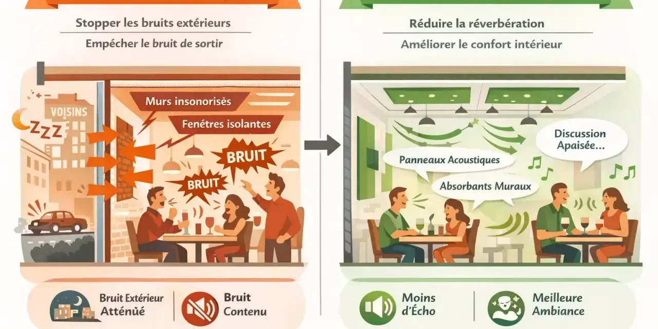 Avant : bruit de restaurant extérieur envahissant. Après : correction acoustique pour une discussion apaisée et une meilleure ambiance.
