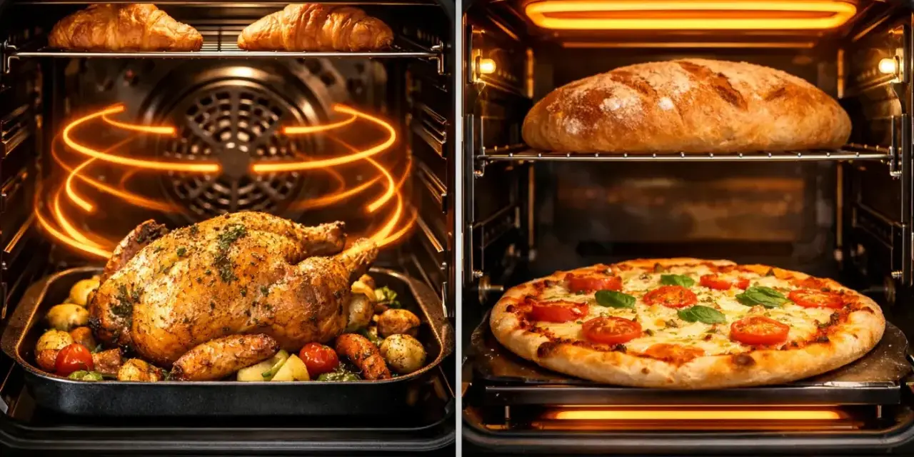 Un poulet rôti et des croissants cuisent dans un four, tandis qu'une pizza et du pain sont dans un autre. La chaleur statique d'un four assure une cuisson uniforme.
