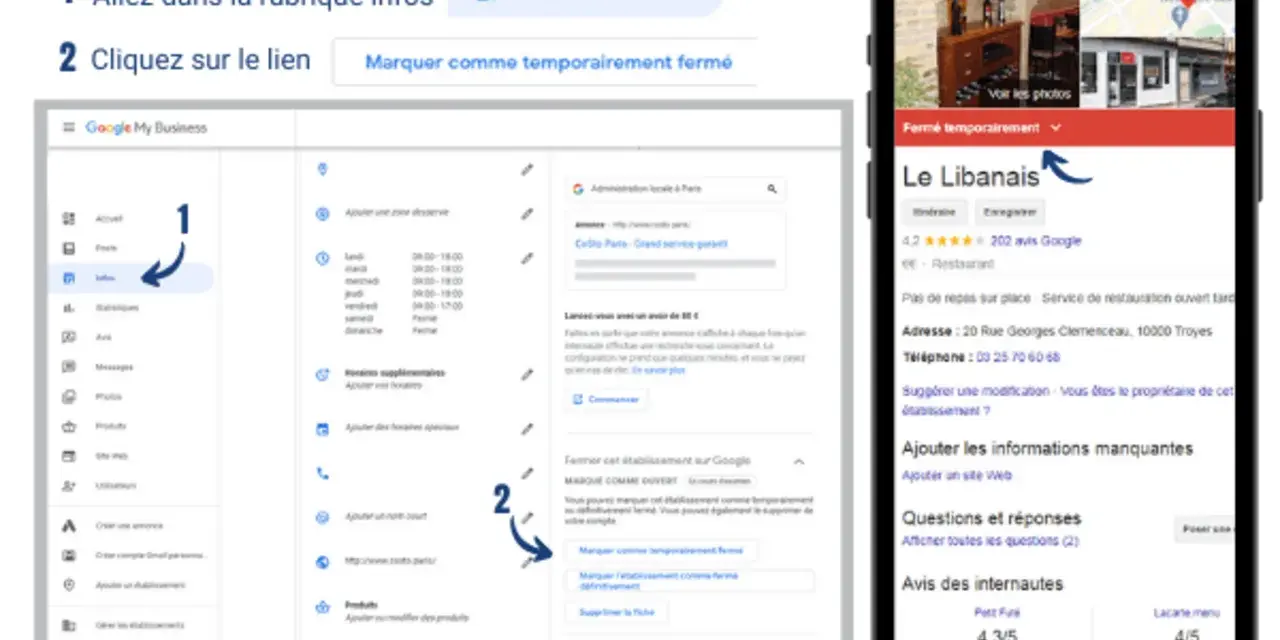 Modèle annonce fermeture pour vacances : instructions pour marquer temporairement un établissement comme fermé sur Google My Business.