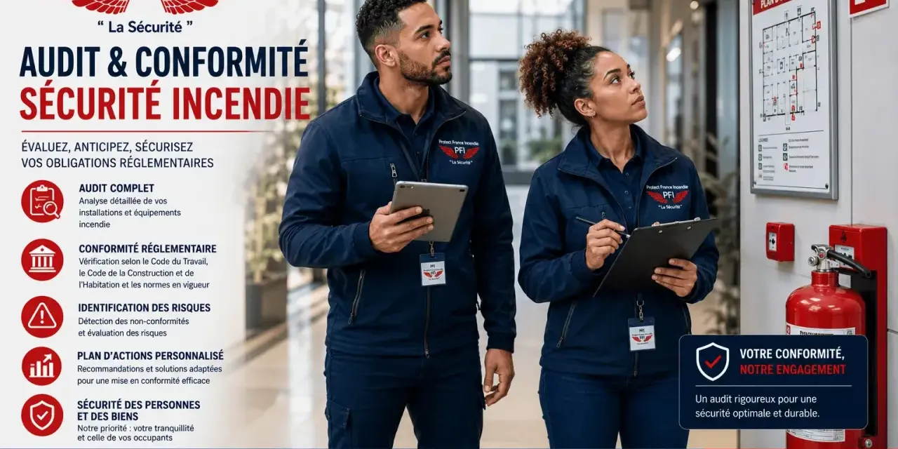 Deux experts vérifient la conformité des normes sécurité incendie dans un restaurant. Un plan d'évacuation est affiché.