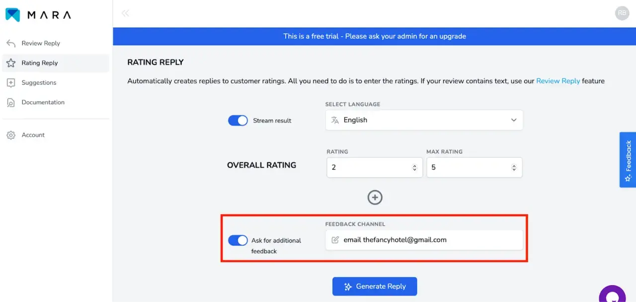 Interface pour générer des réponses automatiques aux avis Google. Permet de définir la langue, la note et le canal de feedback.