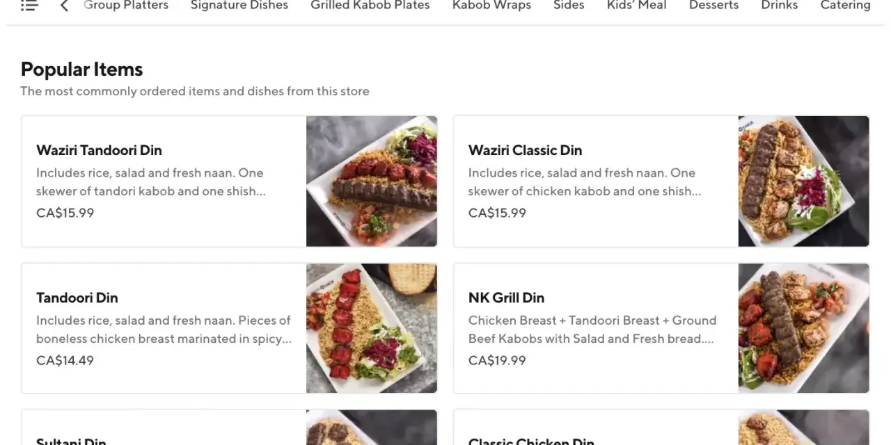 Exemple menu restaurant : plats populaires comme le Waziri Tandoori Din, Tandoori Din, Sultani Din, Waziri Classic Din, NK Grill Din et Classic Chicken Din.