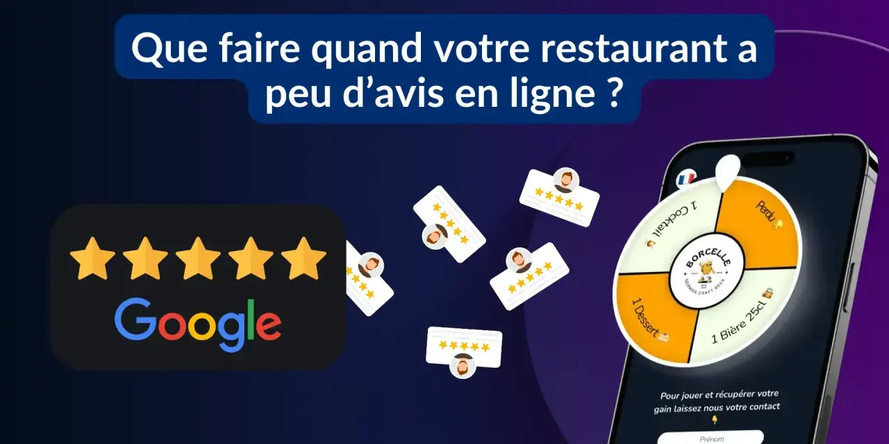 Des étoiles Google et des avis clients flottent autour d'un téléphone affichant une roue de loterie. Encouragez vos clients à laisser un avis Google pour gagner des prix.