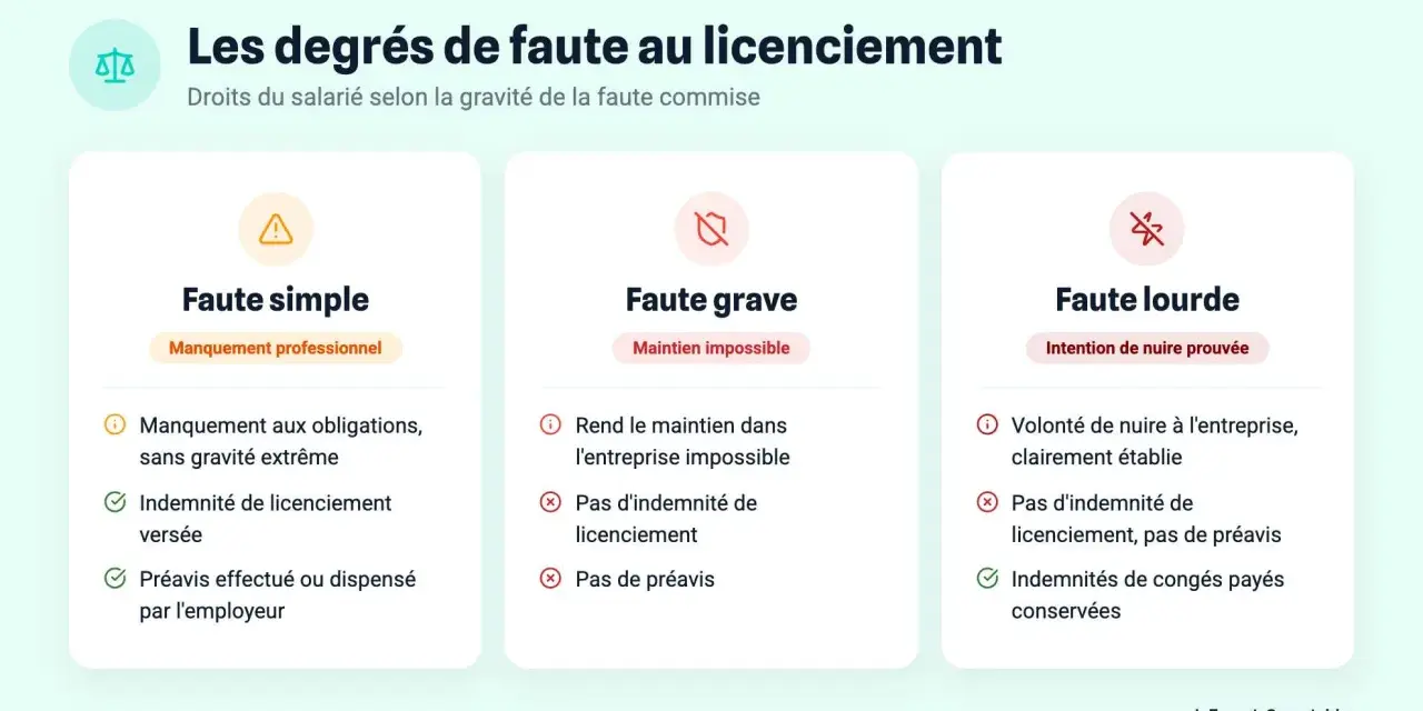 Illustration des degrés de faute au licenciement : simple, grave et lourde, avec les droits du salarié associés.
