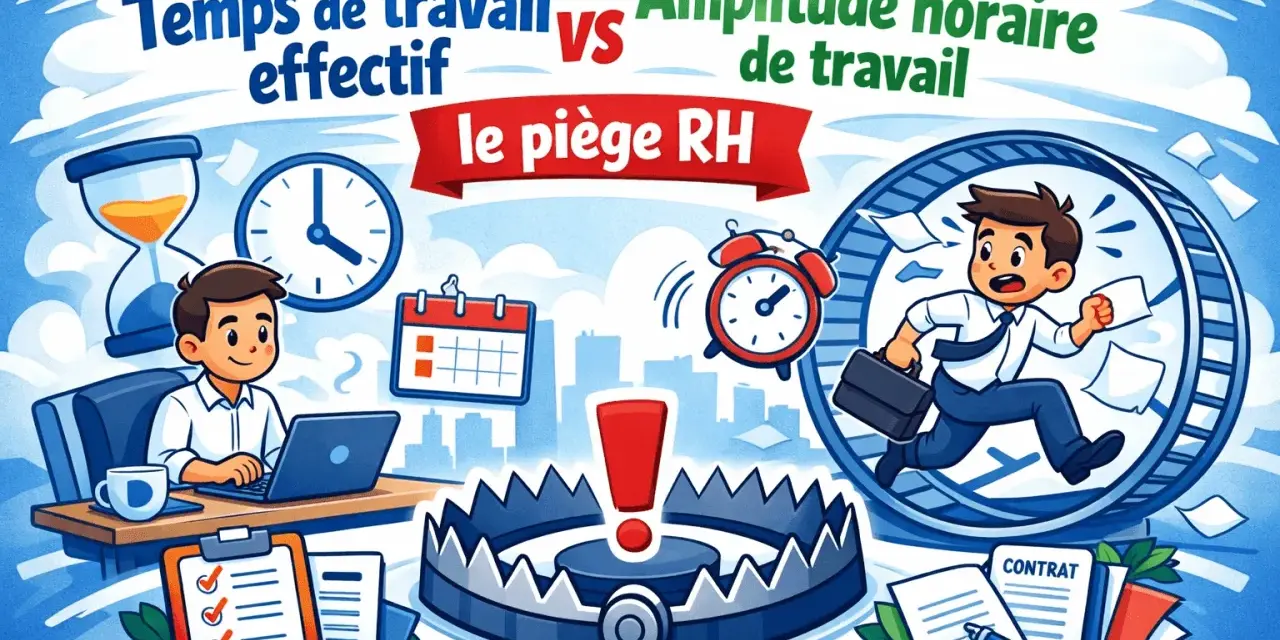 Un employé court dans une roue, symbolisant l'amplitude horaire maximale. Un piège à loup et une horloge rappellent les dangers du travail excessif.