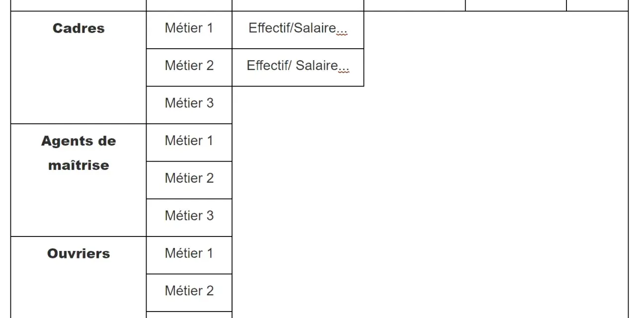 Tableau de classification des métiers (Cadres, Agents de maîtrise, Ouvriers) avec ancienneté et colonnes pour le coefficient ccn.