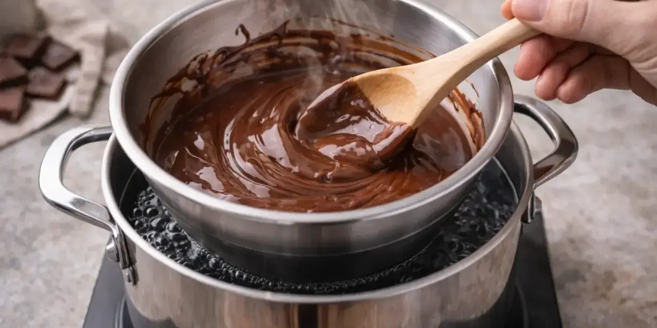 Du chocolat fondant est mélangé avec une cuillère en bois, posé sur une casserole d'eau bouillante pour faire chauffer au bain marie.