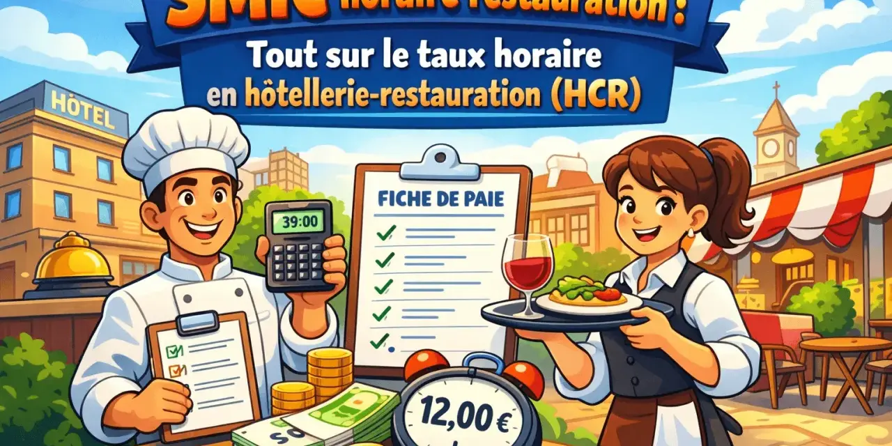 Un chef et une serveuse souriants présentent des calculs de salaire, de l'argent et une fiche de paie, illustrant le taux horaire en restauration.