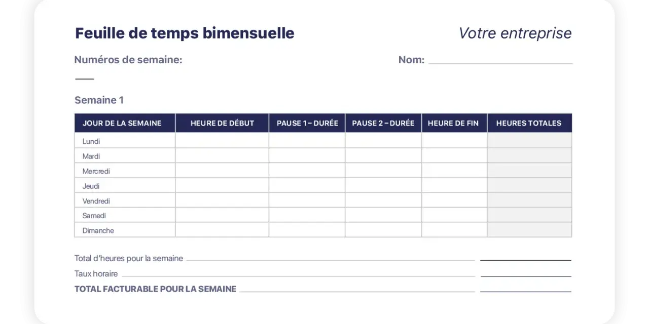 Modèle feuille de présence à imprimer pour suivre les heures travaillées, les pauses et le total facturable par semaine.