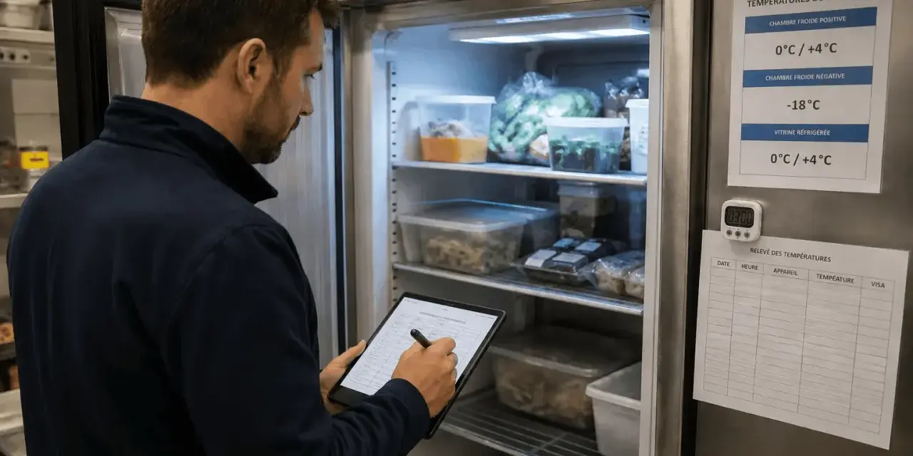 Un employé vérifie les températures dans un réfrigérateur de restaurant, essentiel pour la fermeture de la terrasse.