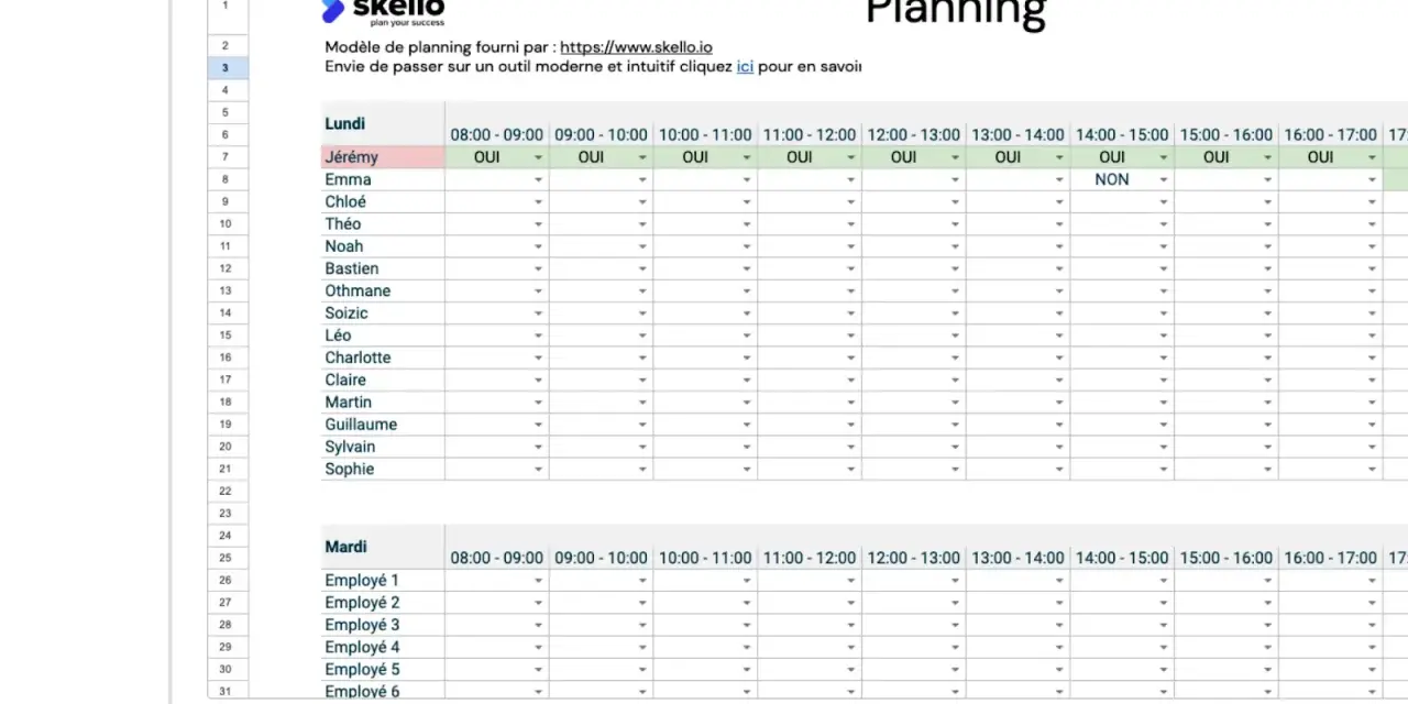 Tableau de planning de congés avec noms et disponibilités. Outil Skello pour une meilleure organisation.