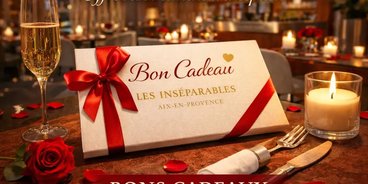 Un bon cadeau pour un restaurant, présenté avec une coupe de champagne, une rose rouge et une bougie allumée. Offrez un moment d'exception.