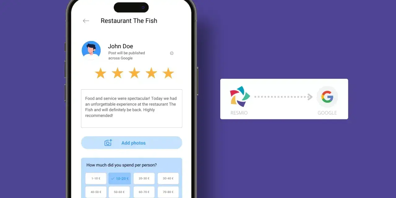 Interface mobile pour laisser un avis sur un restaurant, avec la possibilité de retrouver ses avis Google.