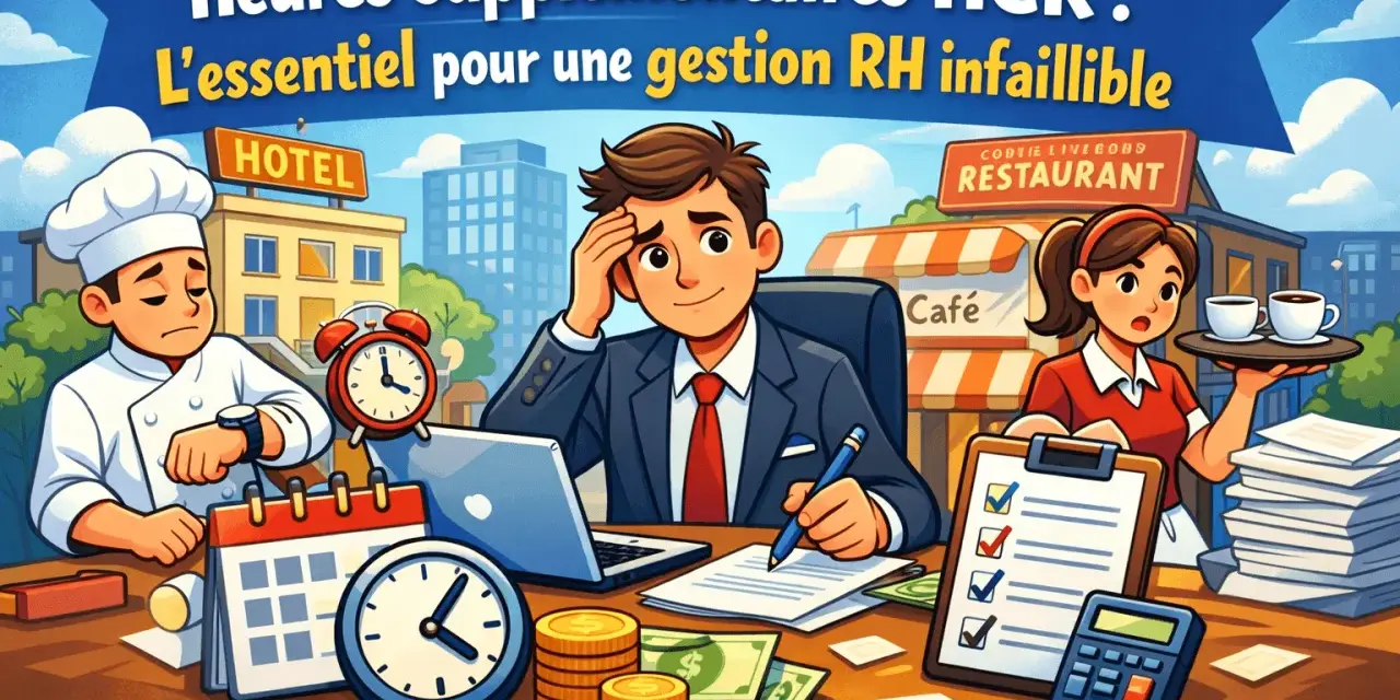 Un chef, un homme d'affaires et une serveuse gèrent des heures supplémentaires HCR. L'image illustre la gestion RH et les finances.