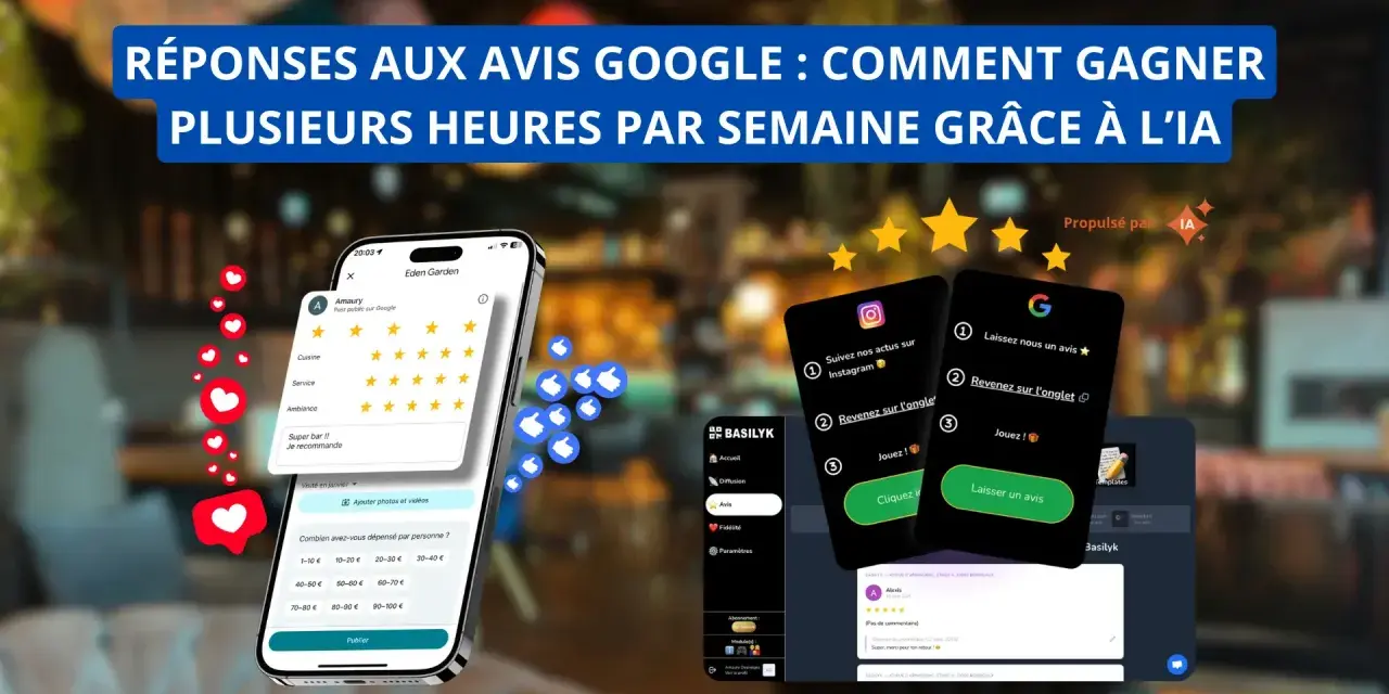 Des téléphones affichant des avis Google et des applications pour gérer les retours clients. L'IA peut aider à gagner du temps sur les réponses aux avis Google.